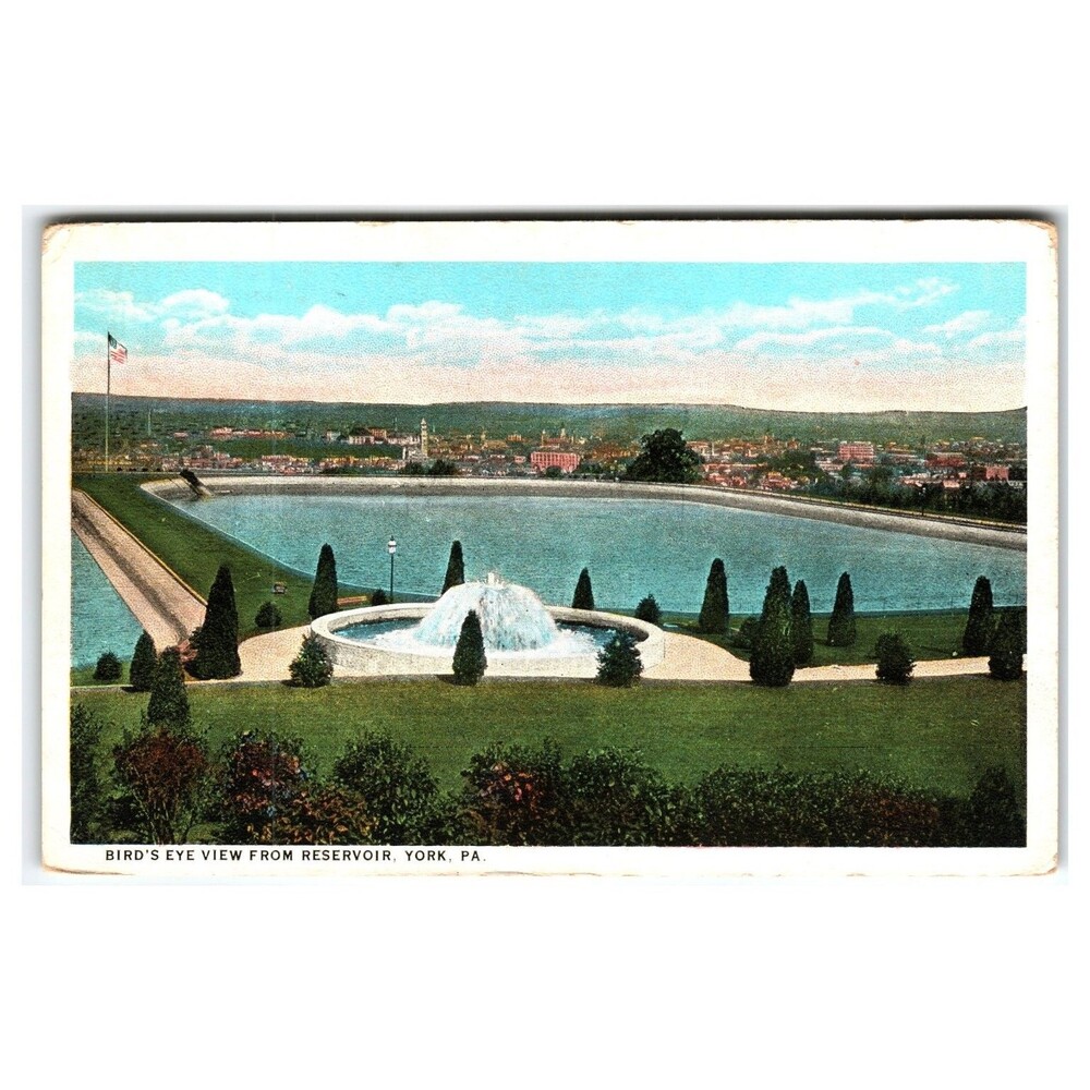 York PA Bird's Eye View from Reservoir Fountain Linen Postcard c1940s